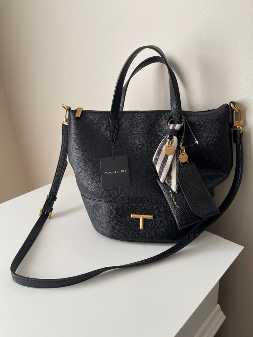 NWT...Tahari Black Pebbled Leather Shoulder Tote with Gold Hardware - Picture 2 of 7